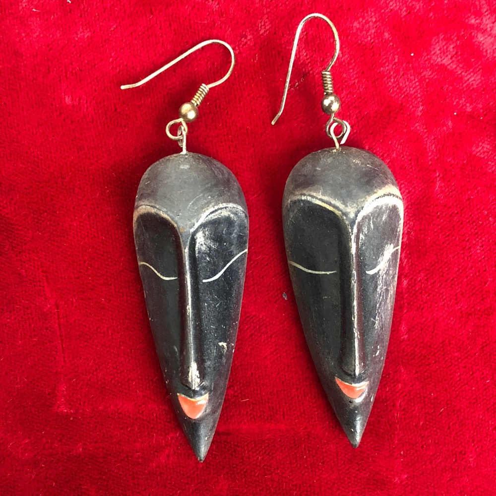 Handcrafted Unique Vintage Wooden Black Tribal Mask Drop Earrings - Unbranded